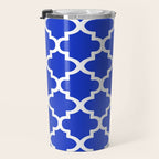 White Quatrefoil Pattern Outline With Royal Blue Background Travel Mug Gallery Image 3
