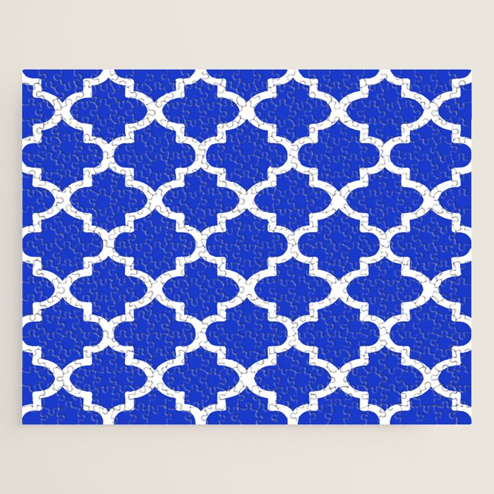 White Quatrefoil Pattern Outline With Royal Blue Background Jigsaw Puzzle Gallery Image 1