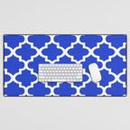 White Quatrefoil Pattern Outline With Royal Blue Background Desk Mat Gallery Image 1