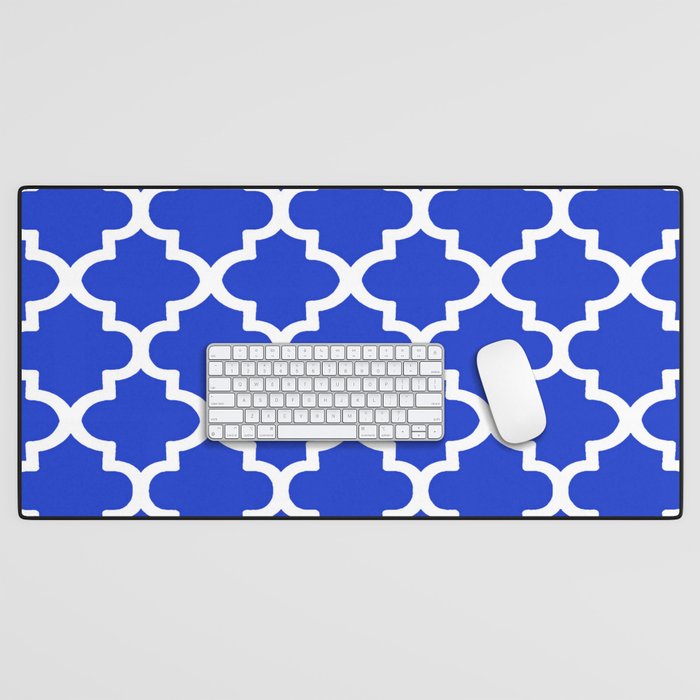 White Quatrefoil Pattern Outline With Royal Blue Background Desk Mat Gallery Image 1