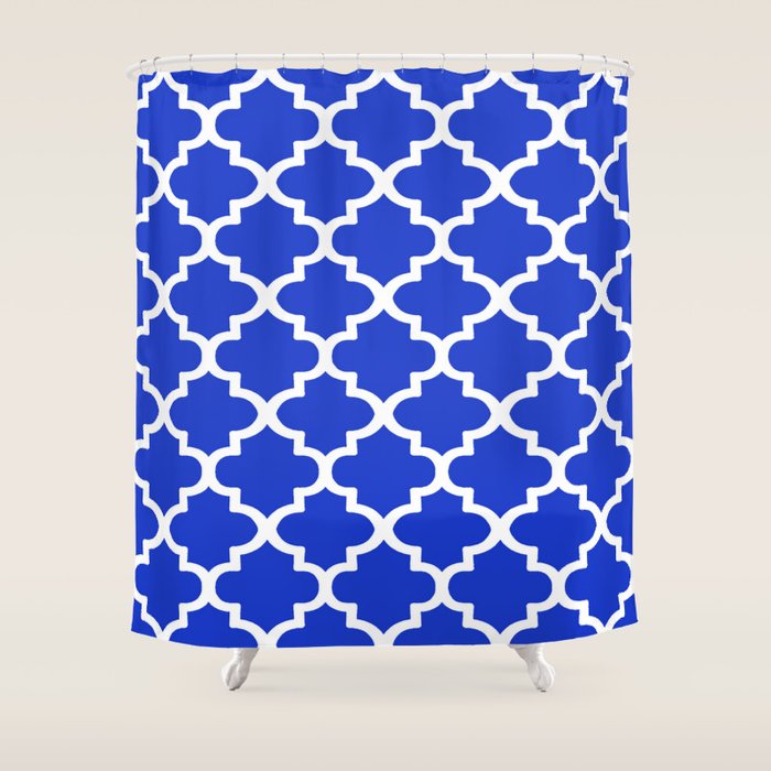White Quatrefoil Pattern Outline With Royal Blue Background Shower Curtain Gallery Image 1