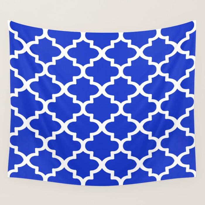White Quatrefoil Pattern Outline With Royal Blue Background Wall Tapestry Gallery Image 4