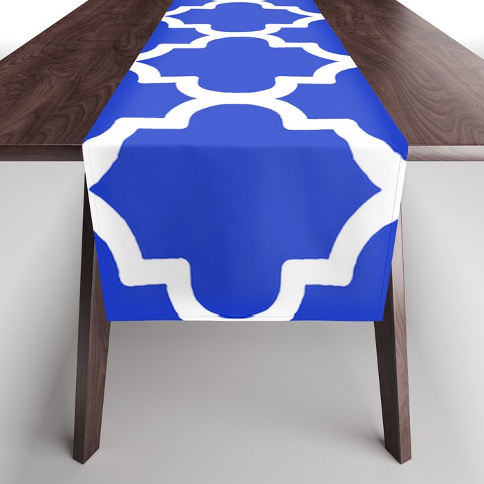 White Quatrefoil Pattern Outline With Royal Blue Background Table Runner Gallery Image 1