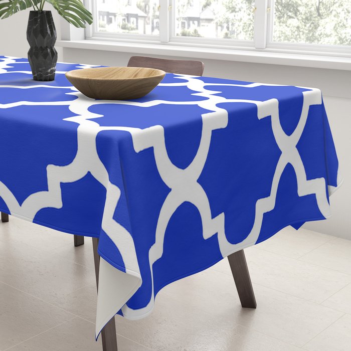 White Quatrefoil Pattern Outline With Royal Blue Background Tablecloth Gallery Image 3