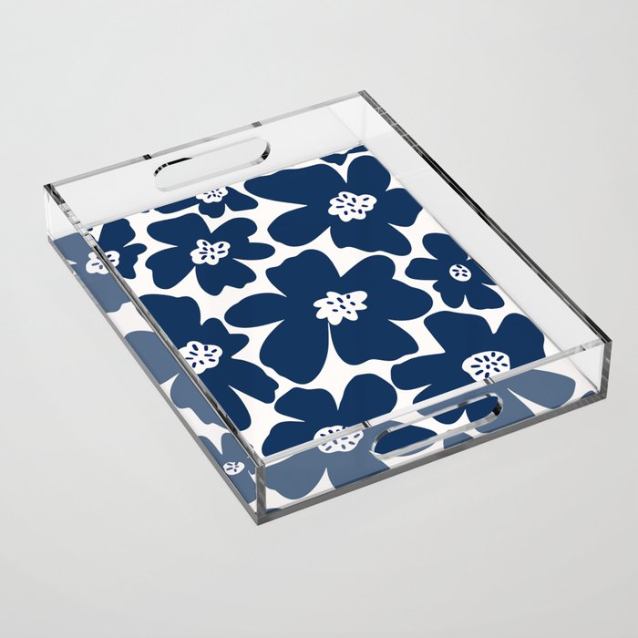 Retro Daisy - Blue Navy and white Acrylic Tray Gallery Image 1