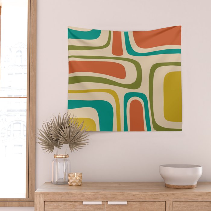 Palm Springs Mid Century Modern Abstract Pattern in Mid Mod Olive, Burnt Orange, Mustard, Teal, and Beige Wall Tapestry Gallery Image 2