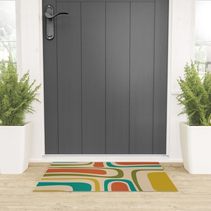 Palm Springs Mid Century Modern Abstract Pattern in Mid Mod Olive, Burnt Orange, Mustard, Teal, and Beige Welcome Mat Gallery Image 3