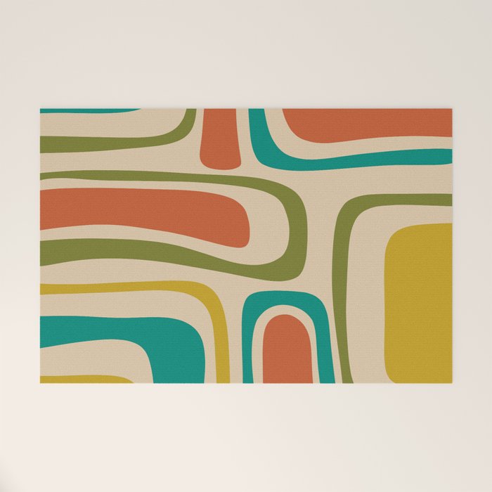 Palm Springs Mid Century Modern Abstract Pattern in Mid Mod Olive, Burnt Orange, Mustard, Teal, and Beige Welcome Mat Gallery Image 1
