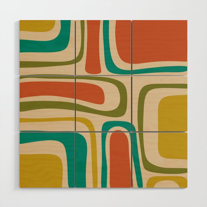 Palm Springs Mid Century Modern Abstract Pattern in Mid Mod Olive, Burnt Orange, Mustard, Teal, and Beige Wood Wall Art Gallery Image 1