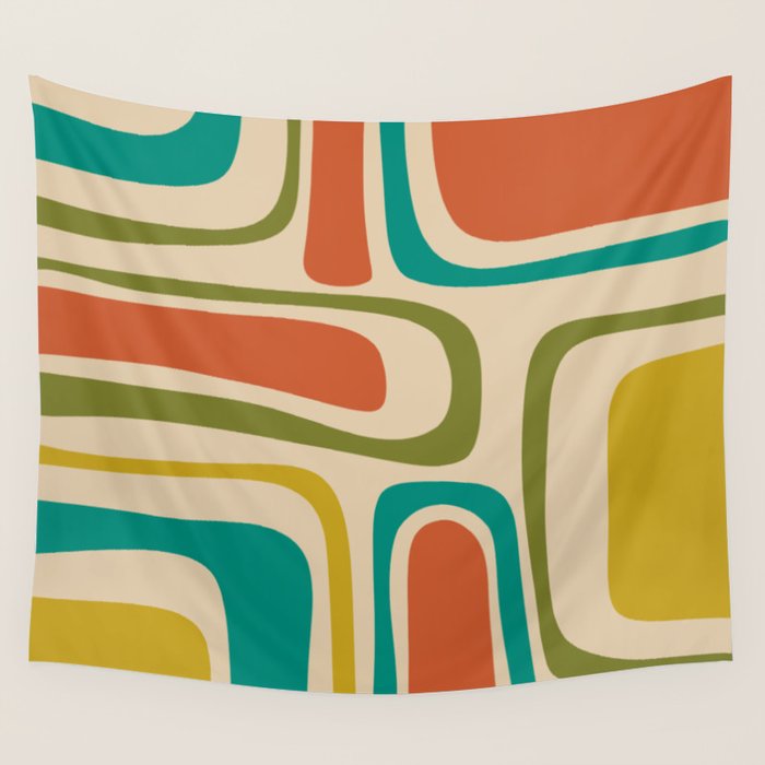 Palm Springs Mid Century Modern Abstract Pattern in Mid Mod Olive, Burnt Orange, Mustard, Teal, and Beige Wall Tapestry Gallery Image 1