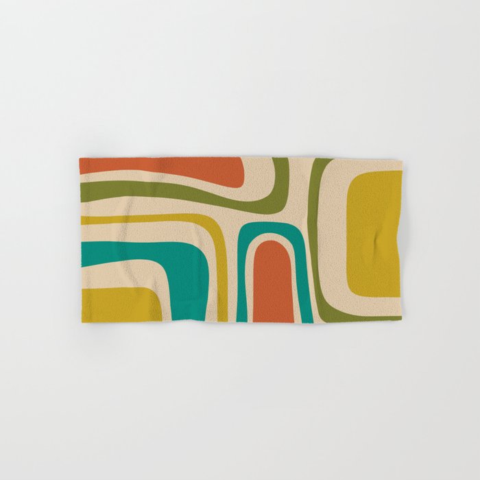 Palm Springs Mid Century Modern Abstract Pattern in Mid Mod Olive, Burnt Orange, Mustard, Teal, and Beige Bath Towel Gallery Image 1