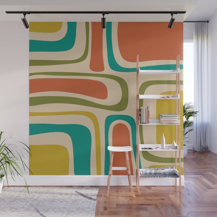 Palm Springs Mid Century Modern Abstract Pattern in Mid Mod Olive, Burnt Orange, Mustard, Teal, and Beige Wall Mural Gallery Image 1