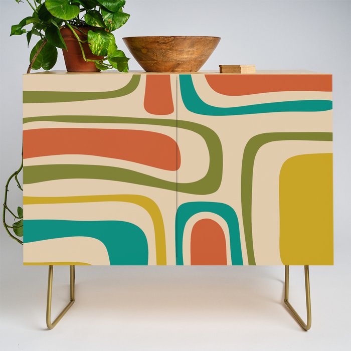 Palm Springs Mid Century Modern Abstract Pattern in Mid Mod Olive, Burnt Orange, Mustard, Teal, and Beige Credenza Gallery Image 1