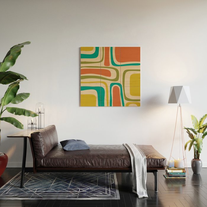 Palm Springs Mid Century Modern Abstract Pattern in Mid Mod Olive, Burnt Orange, Mustard, Teal, and Beige Wood Wall Art Gallery Image 2