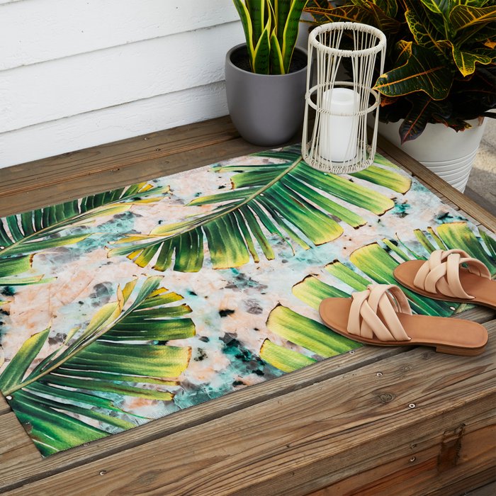 Palm leaf on marble 01 Outdoor Rug Gallery Image 2