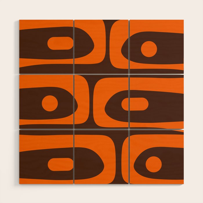Mid-Century Modern Piquet Retro Minimalist Abstract in 70s Orange and Dark Brown Wood Wall Art Gallery Image 1