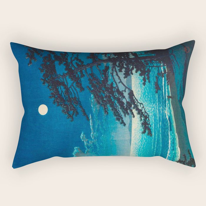 Vintage Japanese Woodblock Print Moonlight Over Ocean Japanese Landscape Tall Tree Silhouette Rectangular Pillow Gallery Image 1