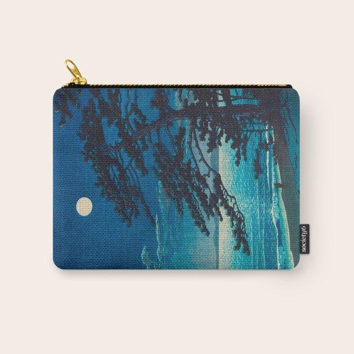 Vintage Japanese Woodblock Print Moonlight Over Ocean Japanese Landscape Tall Tree Silhouette Carry All Pouch Gallery Image 1