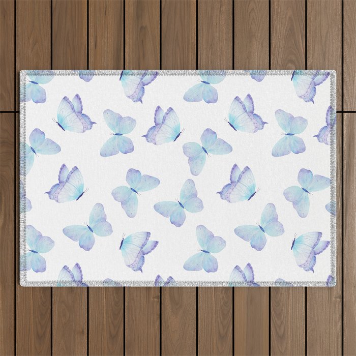Lilac aqua blue watercolor hand painted butterfly Outdoor Rug Gallery Image 1