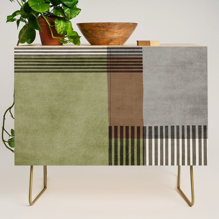Olive Green Brown Gray Black Bold Lines Artwork Credenza Gallery Image 1
