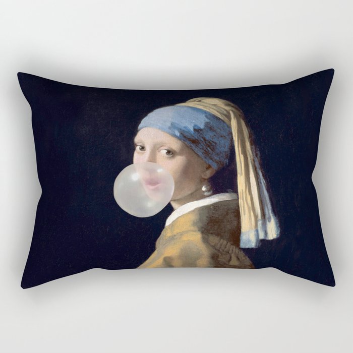Girl with pearl earring blowing bubble gum Rectangular Pillow Gallery Image 1