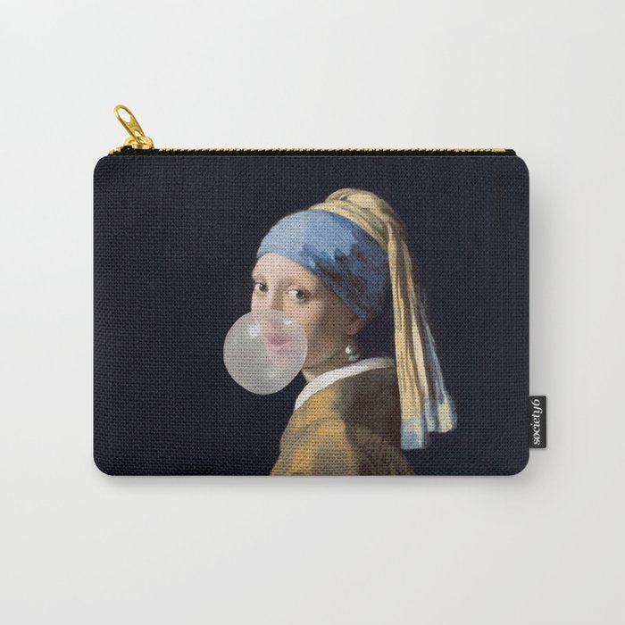 Girl with pearl earring blowing bubble gum Carry All Pouch Gallery Image 1