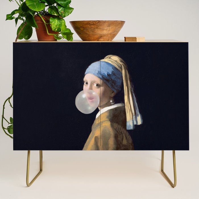 Girl with pearl earring blowing bubble gum Credenza Gallery Image 1