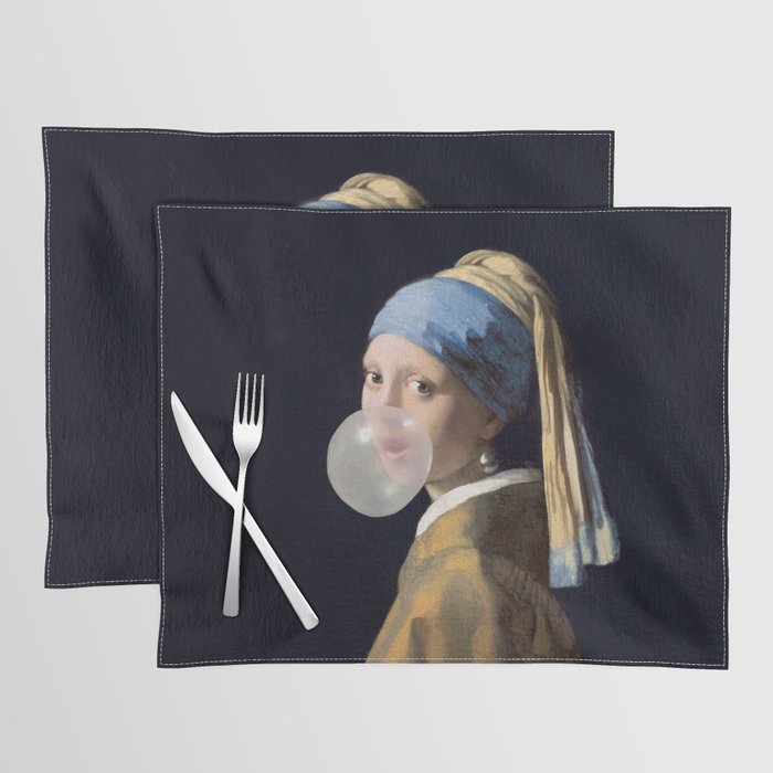 Girl with pearl earring blowing bubble gum Placemat Gallery Image 1