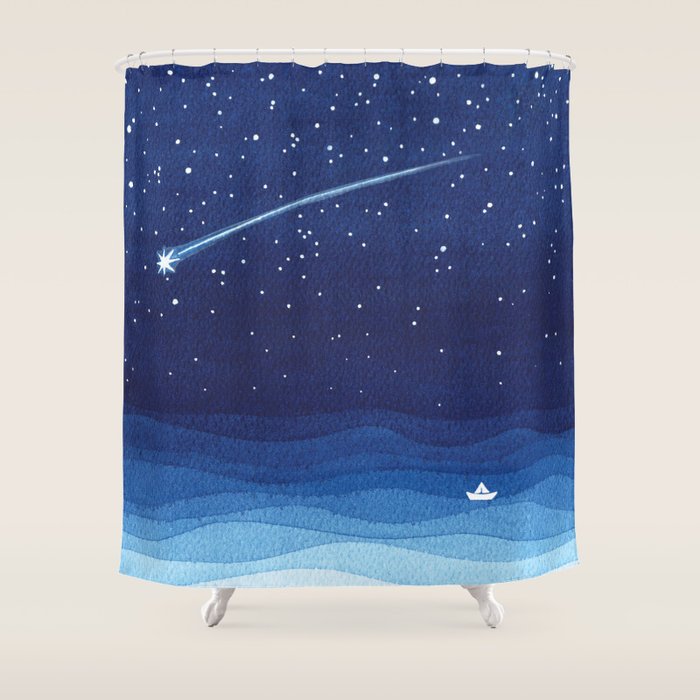 Falling star, shooting star, sailboat ocean waves blue sea Shower Curtain Gallery Image 1