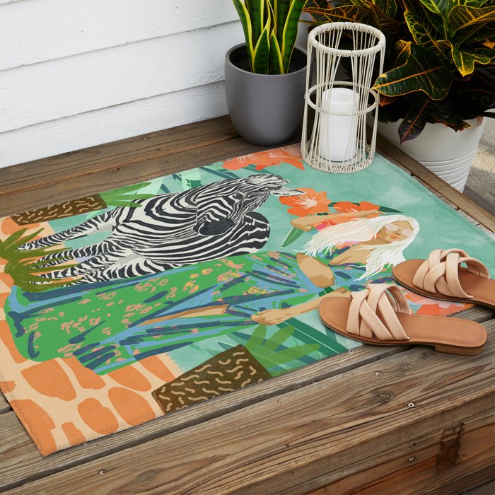 Never Change Your Stripes Illustration, Modern Bohemian Zebra Painting Wildlife Woman Outdoor Rug Gallery Image 2