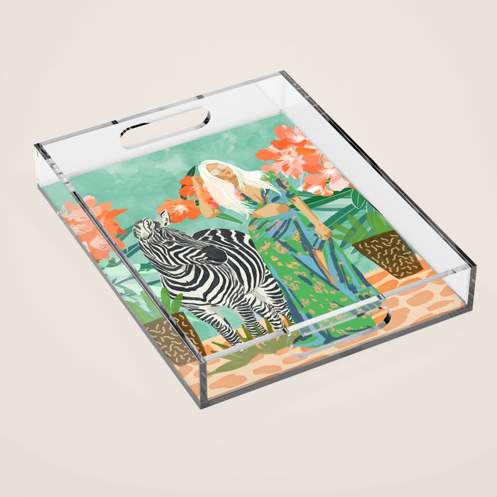 Never Change Your Stripes Illustration, Modern Bohemian Zebra Painting Wildlife Woman Acrylic Tray Gallery Image 1