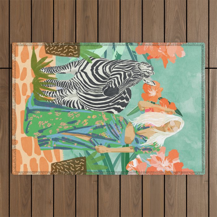 Never Change Your Stripes Illustration, Modern Bohemian Zebra Painting Wildlife Woman Outdoor Rug Gallery Image 1