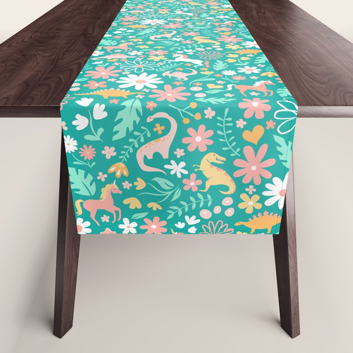 Dinosaurs + Unicorns on Teal Table Runner Gallery Image 1
