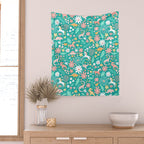 Dinosaurs + Unicorns on Teal Wall Tapestry Gallery Image 2