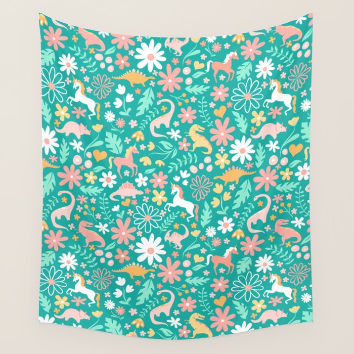 Dinosaurs + Unicorns on Teal Wall Tapestry Gallery Image 4