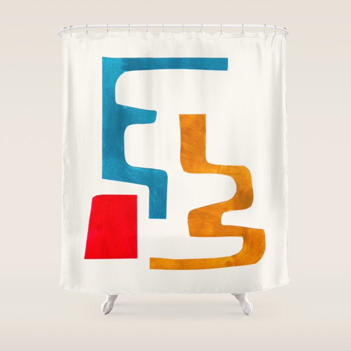 'Falling Down' Paper Collage Fun Colorful Shapes Mid Century Minimal Abstract Art by Ejaaz Haniff Shower Curtain Gallery Image 1