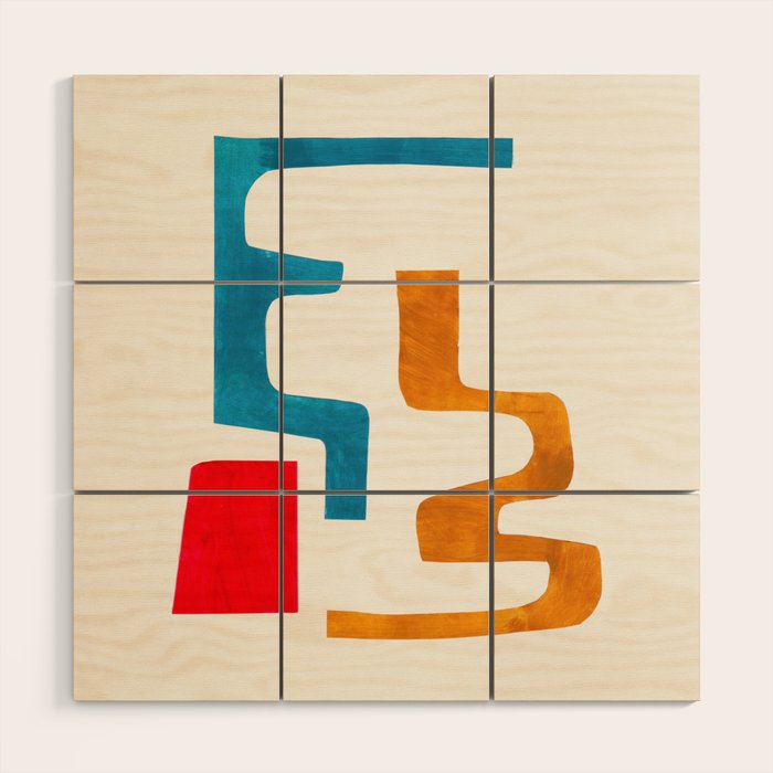 'Falling Down' Paper Collage Fun Colorful Shapes Mid Century Minimal Abstract Art by Ejaaz Haniff Wood Wall Art Gallery Image 1