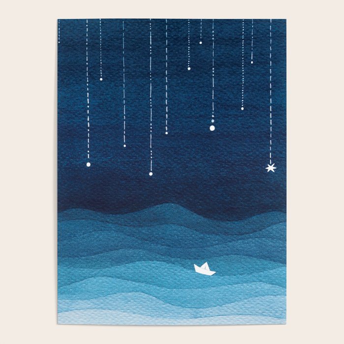 Falling stars, blue, sailboat, ocean Poster Gallery Image 4