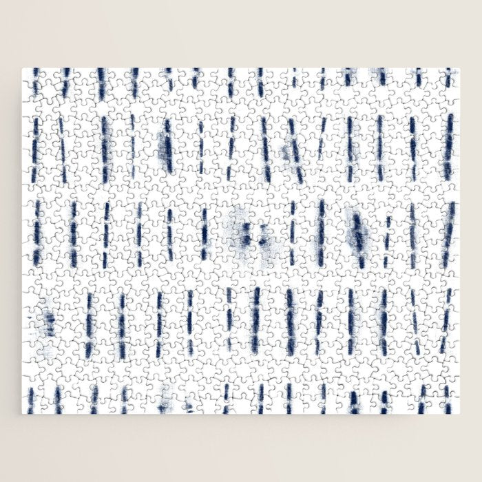 Blue indigo stripes over white shibori tie dye pattern Jigsaw Puzzle