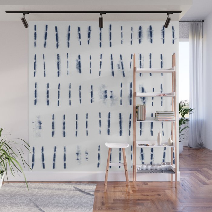 Blue indigo stripes over white shibori tie dye pattern Wall Mural Gallery Image 1
