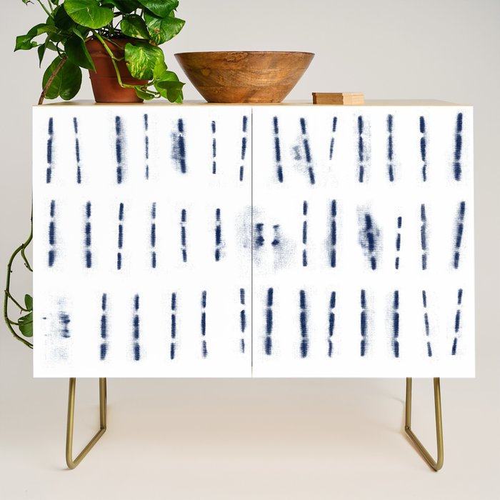 Blue indigo stripes over white shibori tie dye pattern Credenza Gallery Image 1