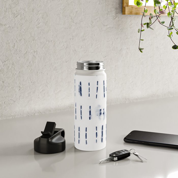 Blue indigo stripes over white shibori tie dye pattern Water Bottle Gallery Image 4