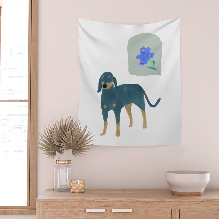 Dog and a Mini Half-Round Window - Indigo and White Wall Tapestry Gallery Image 2