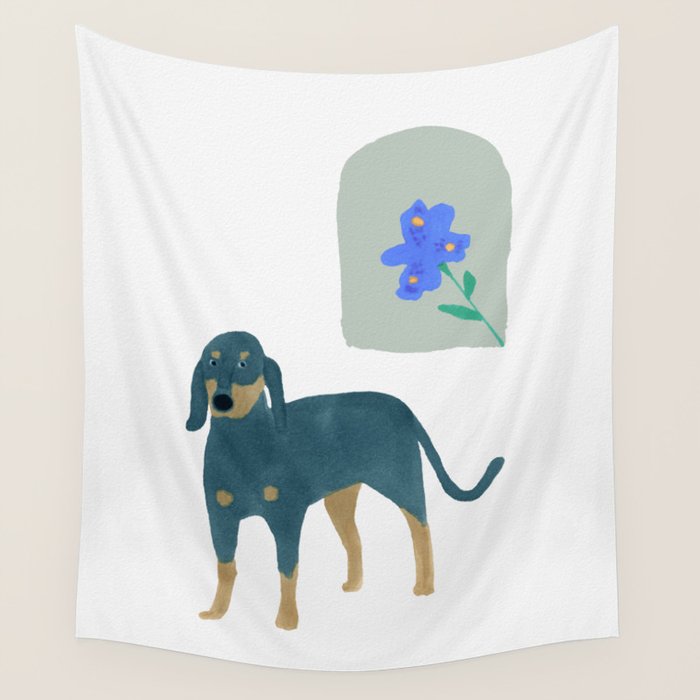 Dog and a Mini Half-Round Window - Indigo and White Wall Tapestry Gallery Image 4