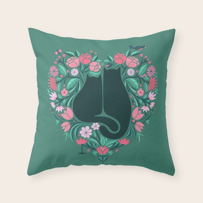 I Heart Cats and Flowers (in Green) Throw Pillow Gallery Image 6