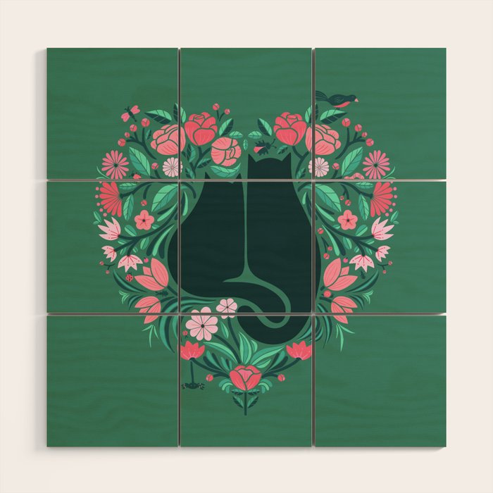 I Heart Cats and Flowers (in Green) Wood Wall Art Gallery Image 1