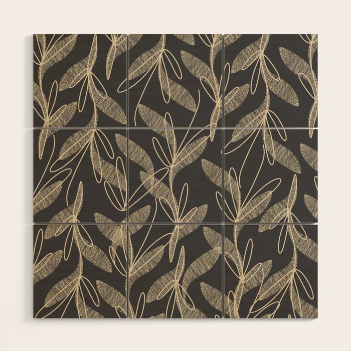 Mid Century Modern Botanical Pattern in Beige and Charcoal Gray Wood Wall Art Gallery Image 1