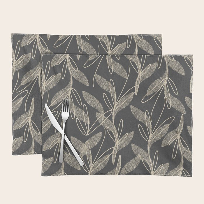 Mid Century Modern Botanical Pattern in Beige and Charcoal Gray Placemat Gallery Image 1