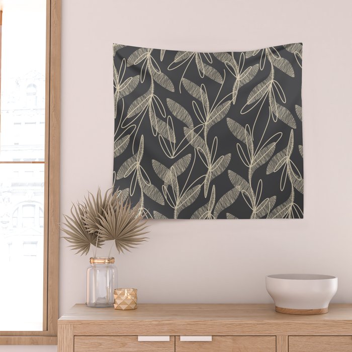 Mid Century Modern Botanical Pattern in Beige and Charcoal Gray Wall Tapestry Gallery Image 2