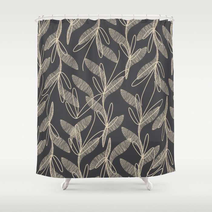 Mid Century Modern Botanical Pattern in Beige and Charcoal Gray Shower Curtain Gallery Image 1
